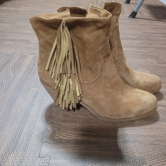 Sam Edelman Louie Western Boot Caramel Brown Suede Fringe US Size 9 Block Heel - Picture 5 of 12